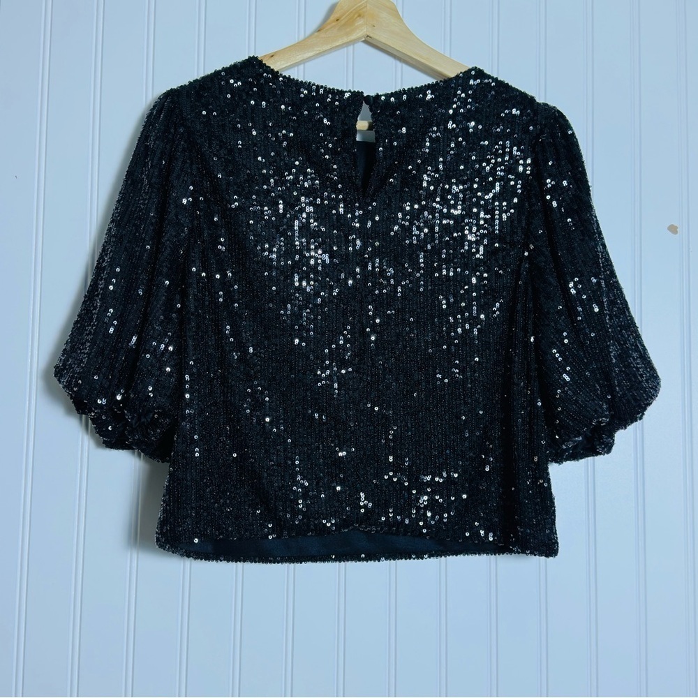 Alexia Admor Black Sequin Blake Sequin Boxy Crop Top Sz S Keyhole back button - Picture 4 of 6
